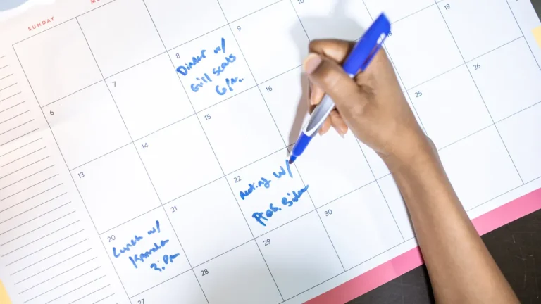 Hand writing on a monthly calendar
