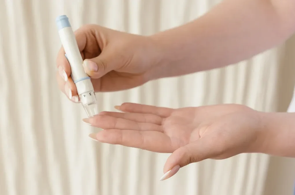 Hands using a lancet for a finger-prick blood test