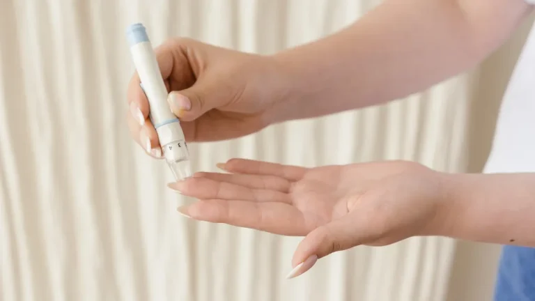 Hands using a lancet for a finger-prick blood test