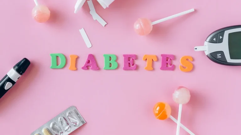 Long-term Health Risks of Gestational Diabetes — Word "Diabetes" Made of Colorful Letters Lying among Lollipops, Medicat